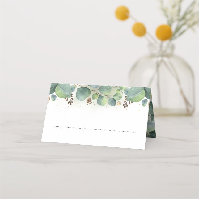 Eucalyptus and Gold Leaves Greenery Elegant Place Card (Front)