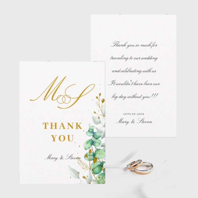 Eucalyptus and gold Monogram Wedding Thank You Card (I wish you happiness!!!)