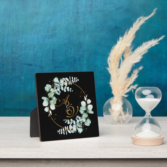 Eucalyptus and gold on black personalised wedding  plaque (Insitu)