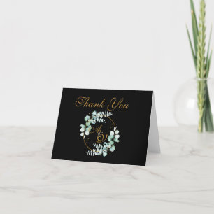 Eucalyptus and gold on black personalised wedding thank you card