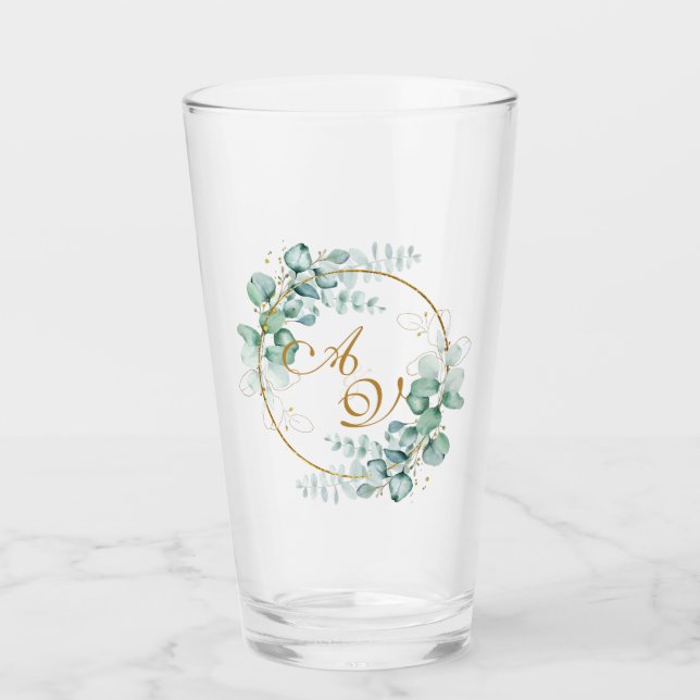 Eucalyptus and gold  personalised wedding  glass (Front)