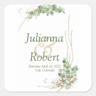 Eucalyptus and gold wedding classic round sticker