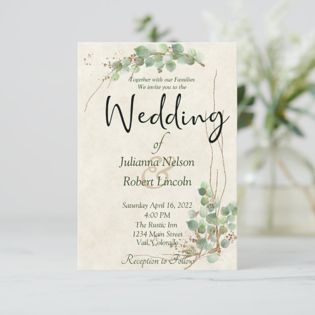 Eucalyptus and gold wedding invitation (Standing Front)