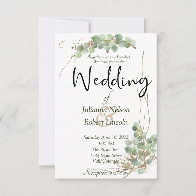 Eucalyptus and gold wedding invitation (Front)