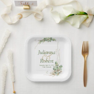 Eucalyptus and gold wedding paper plates