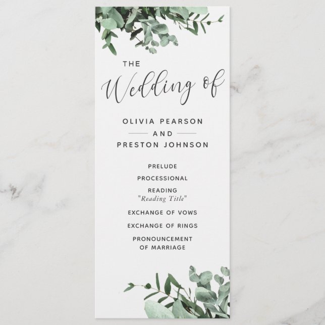 Eucalyptus and Greenery Watercolor Wedding Program (Front)