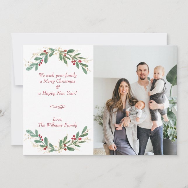 Eucalyptus and Holly Berries Holiday Photo Card (Front)