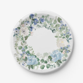 Eucalyptus and Light Blue Floral Cottage Core  Paper Plate
