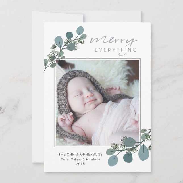 Eucalyptus and Pine Merry Everything Photo Holiday Card (Front)