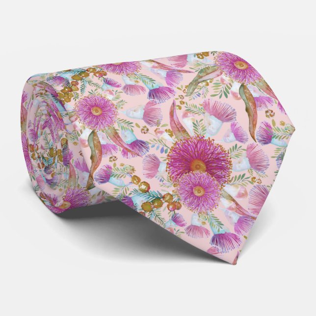 Eucalyptus And Wattle Pink Blooms Tie (Rolled)