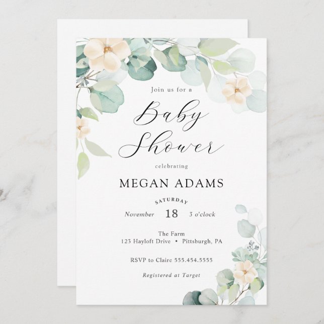 Eucalyptus and White Flowers Baby Shower Invitatio Invitation (Front/Back)