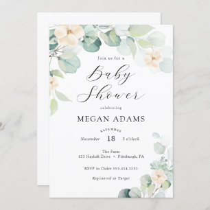 Eucalyptus and White Flowers Baby Shower Invitatio Invitation