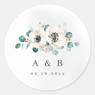 Eucalyptus anemone floral rustic monogram classic round sticker