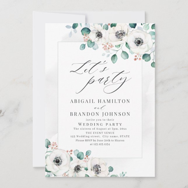 Eucalyptus anemone floral rustic wedding party inv invitation (Front)