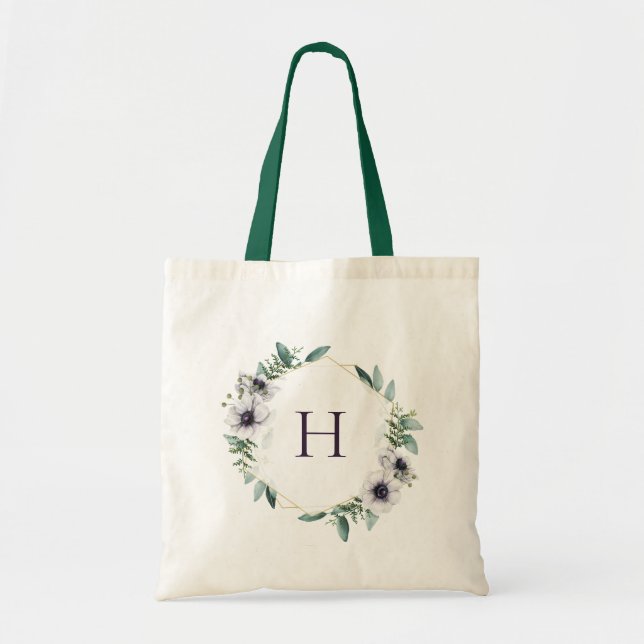 Eucalyptus Anemone Floral Wreath Monogram Tote Bag (Front)