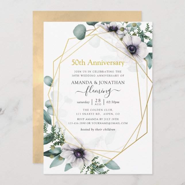 Eucalyptus Anemone Geometric 50th Anniversary Invitation (Front/Back)