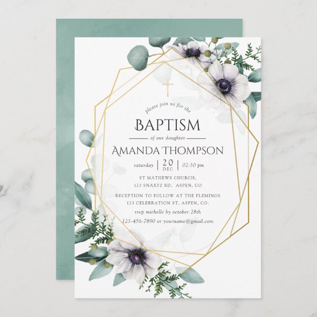Eucalyptus Anemone Geometric Baptism/Christening Invitation (Front/Back)