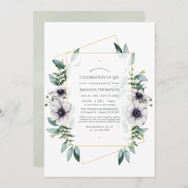 Eucalyptus Anemone Geometric Celebration of Life Invitation (Front/Back)