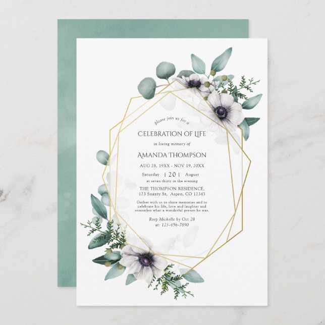 Eucalyptus Anemone Geometric Celebration of Life Invitation (Front/Back)