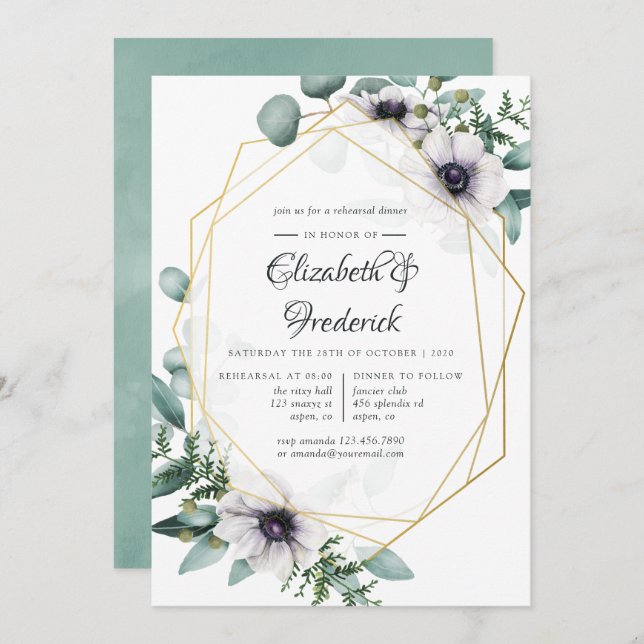 Eucalyptus Anemone Geometric Rehearsal Dinner Invitation (Front/Back)