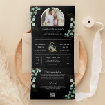 Eucalyptus Arch Photo Black QR Code Wedding Tri-Fold Invitation<br><div class="desc">Amaze your guests with this elegant wedding invite featuring beautiful eucalyptus leaves and modern typography with QR Code for online RSVP. Simply add your event details on this easy-to-use template and adorn this card with your favourite photos to make it a one-of-a-kind invitation.</div>