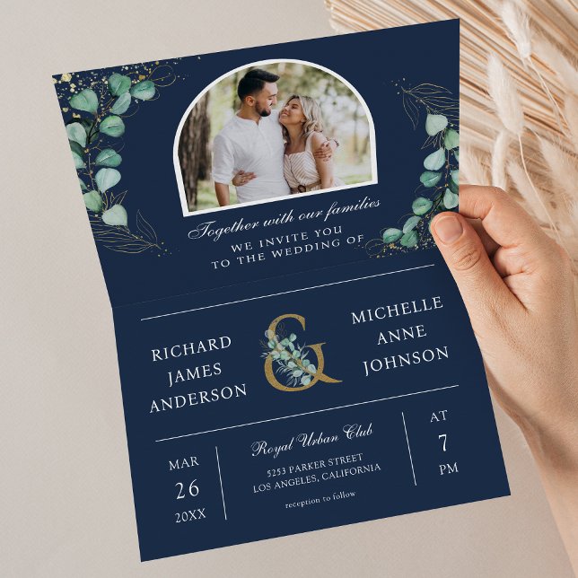 Eucalyptus Arch Photo Navy Blue QR Code Wedding Invitation (Creator Uploaded)