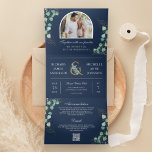 Eucalyptus Arch Photo Navy Blue QR Code Wedding Tri-Fold Invitation<br><div class="desc">Amaze your guests with this elegant wedding invite featuring beautiful eucalyptus leaves and modern typography with QR Code for online RSVP. Simply add your event details on this easy-to-use template and adorn this card with your favourite photos to make it a one-of-a-kind invitation.</div>
