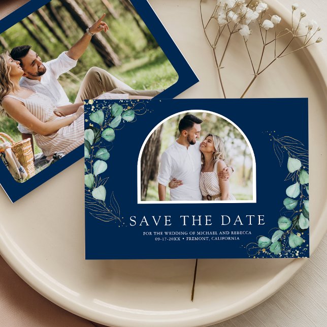Eucalyptus Arch Photo Navy Blue Wedding Save The Date (Creator Uploaded)