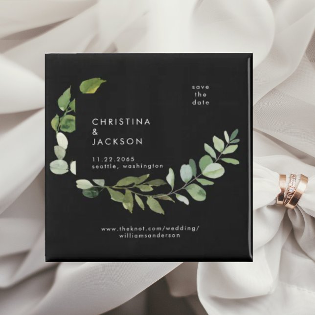 Eucalyptus B/W Wedding Square Save the Date Magnet (Creator Uploaded)