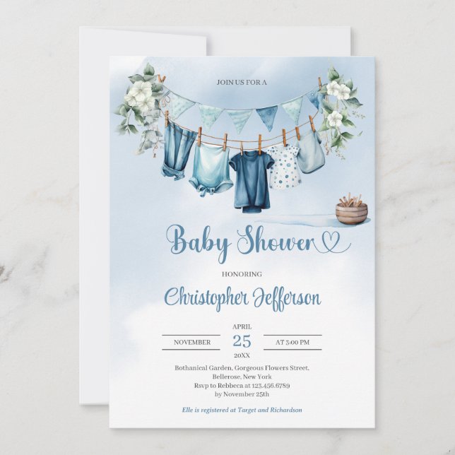 Eucalyptus baby boy clothes boy baby shower invitation (Front)