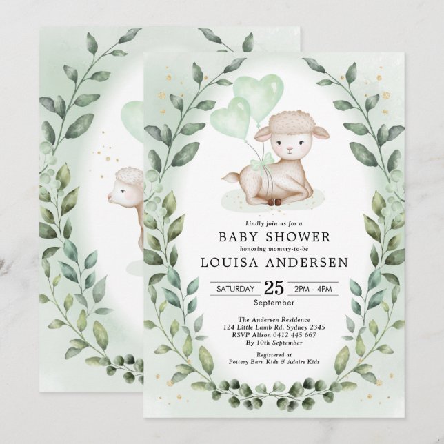 Eucalyptus Baby Sheep Little Lamb Neutral Shower Invitation (Front/Back)