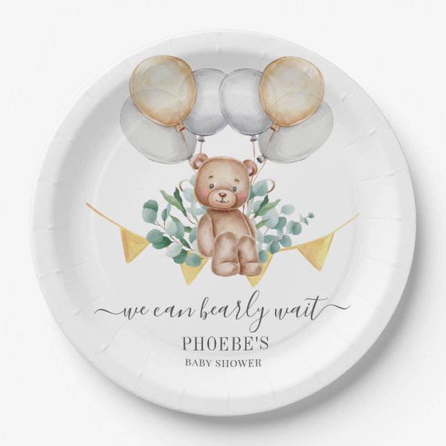 Eucalyptus Baby Shower Bearly Wait Bear & Balloons Paper Plate (Front)