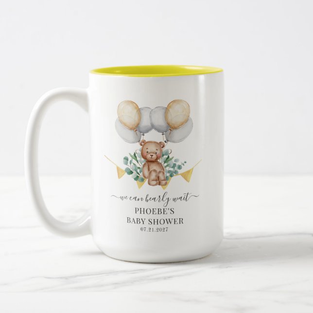 Eucalyptus Baby Shower Bearly Wait Bear & Balloons Two-Tone Coffee Mug (Left)