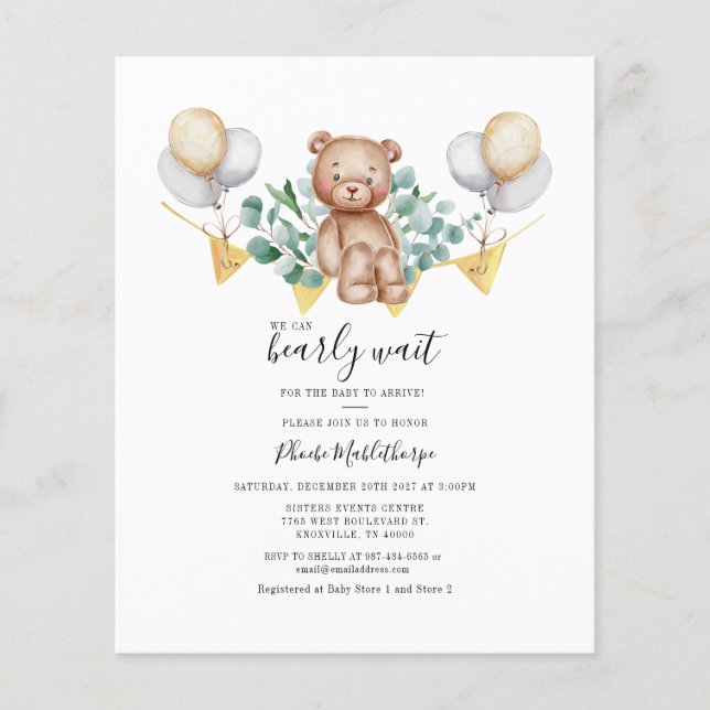Eucalyptus Baby Shower Greenery Bear Invitation Flyer (Front)