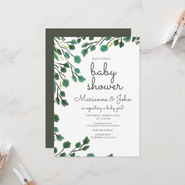 Eucalyptus Baby Shower Hand Drawn Leaf Invitation (Front/Back In Situ)