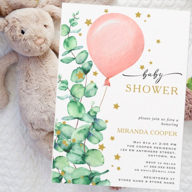 Eucalyptus Balloon Baby Girl Shower golden stars Invitation (Creator Uploaded)