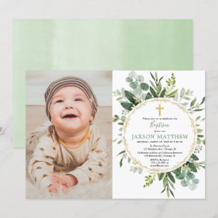 Eucalyptus baptism, greenery foliage modern photo invitation