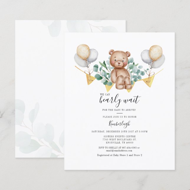 Eucalyptus Bear Baby Shower Budget Invitation (Front/Back)