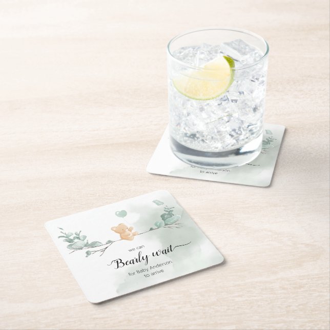 Eucalyptus Bear Baby Shower Square Paper Coaster (Insitu)