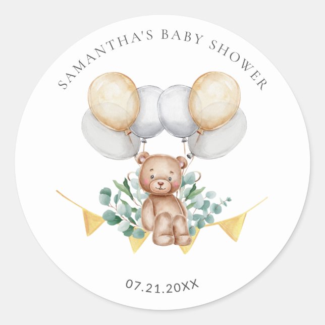 Eucalyptus Bear & Balloons Baby Shower Classic Round Sticker (Front)