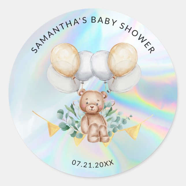 Eucalyptus Bear Balloons Holographic Baby Shower Classic Round Sticker (Front)