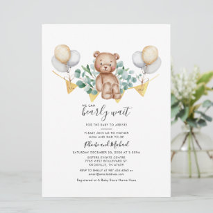 Eucalyptus Bear Couple Baby Shower Greenery Script Invitation