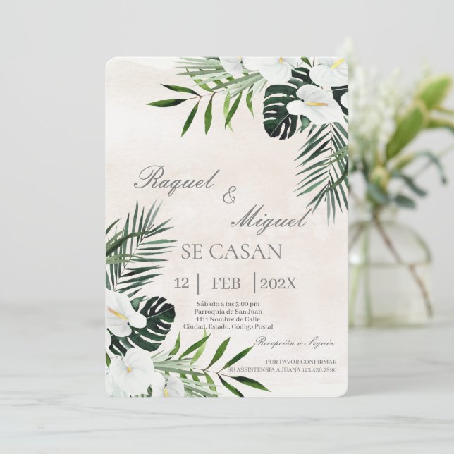 Eucalyptus beige Spanish Wedding Invitation (Standing Front)