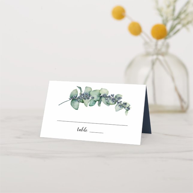 Eucalyptus Berry Botanical Monogram Wedding Place Card (Front)