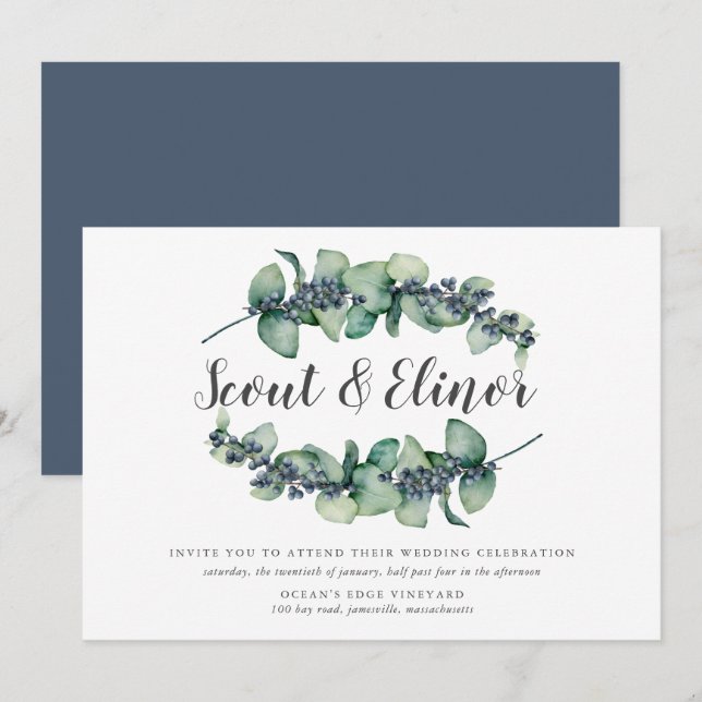 Eucalyptus Berry Minimalist Botanical Wedding Invitation (Front/Back)