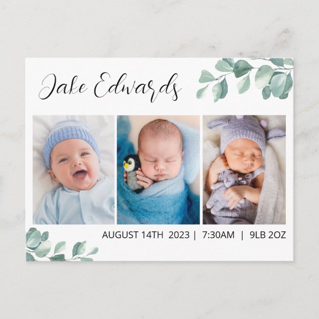 Eucalyptus birth announcement card with photo (Front)