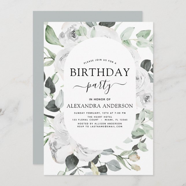 Eucalyptus Birthday Party Floral Roses Invitation (Front/Back)