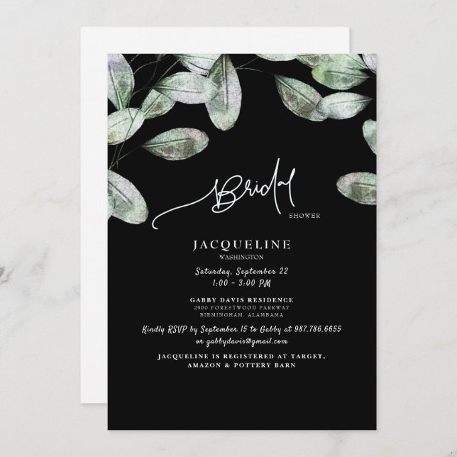 Eucalyptus Black Bride Shower Invitation (Front/Back)