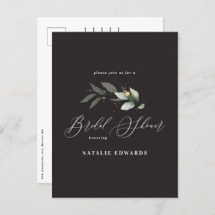 Eucalyptus black gold bridal shower   announcement postcard