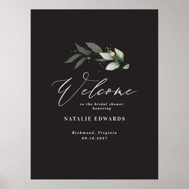 Eucalyptus black gold bridal shower welcome  foam  poster (Front)